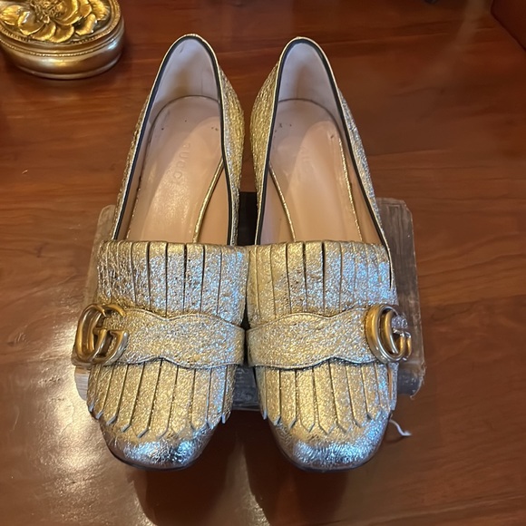 GUCCI Marmont Gold Mid Heel Loafer Fringe Metallic GG Logo - Picture 14 of 16